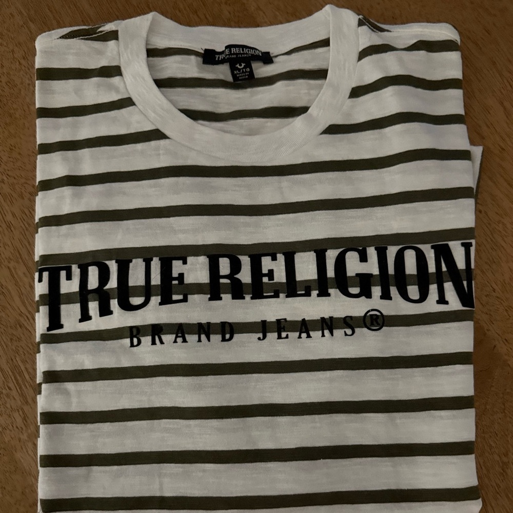 True Religion Men's T-Shirt - White and Black Stripes